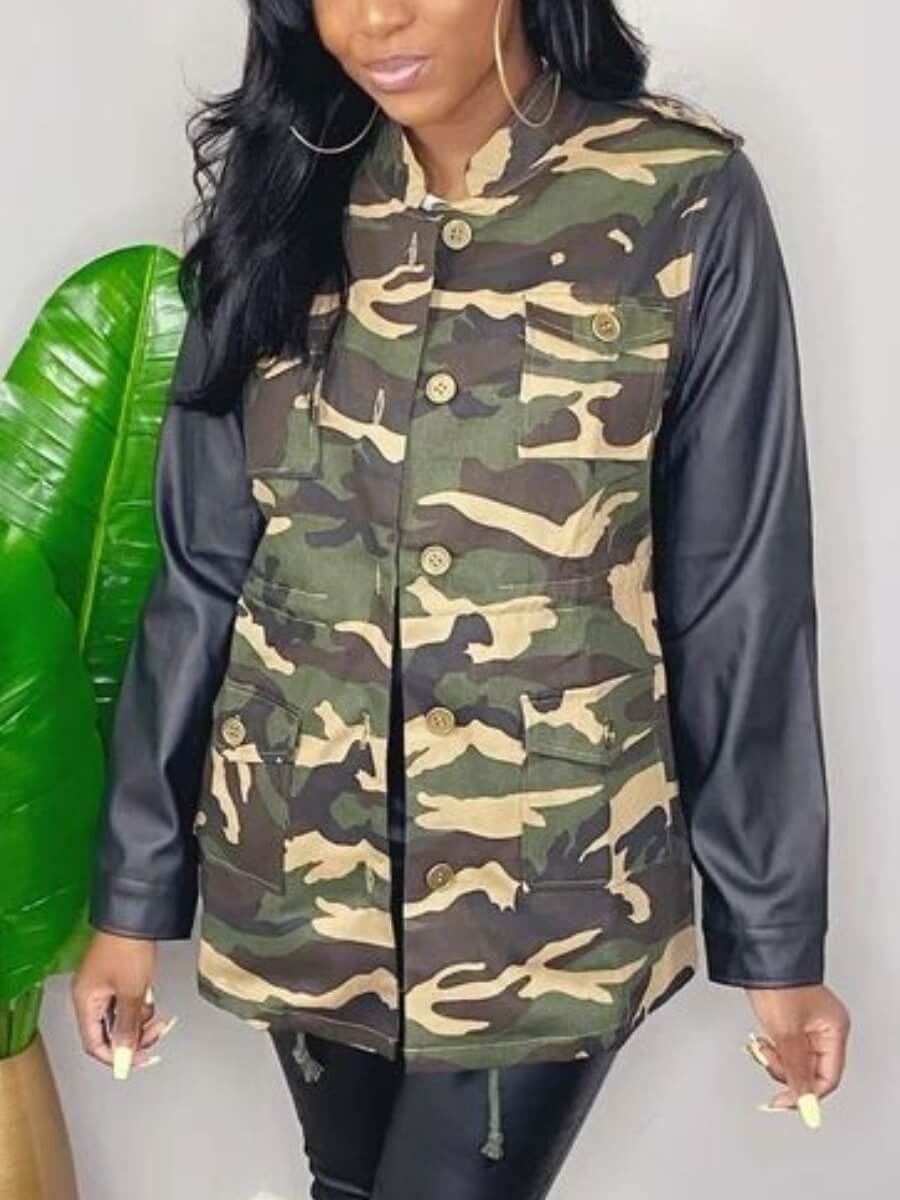 

Lovely Street Camo Print Patchwork Button Design Jacket, Army green camouflag