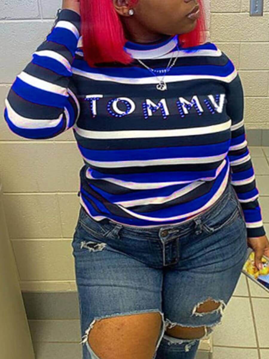 

Lovely Casual O Neck Striped Letter Print Blue Plus Size T-shirt