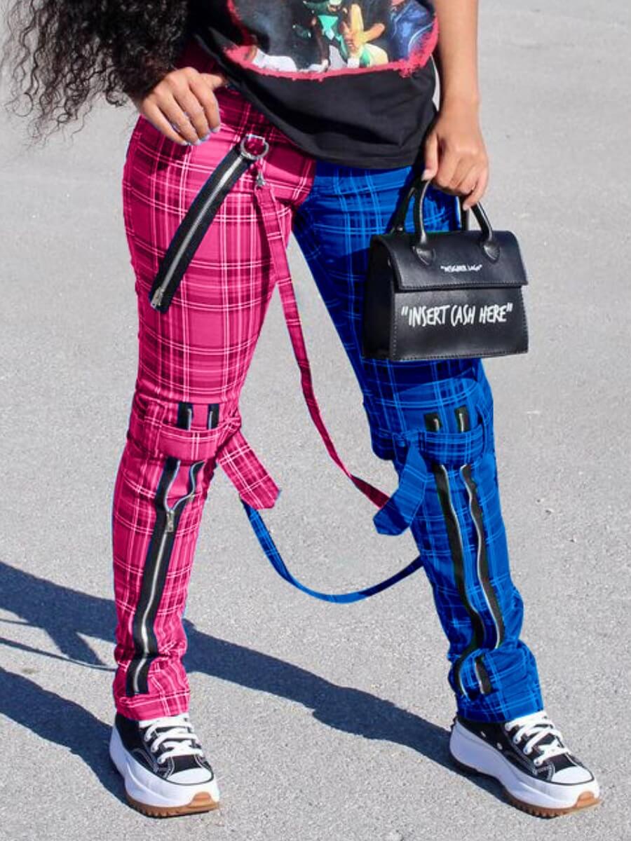 LW Casual Plaid Print Patchwork Rose Red Pants