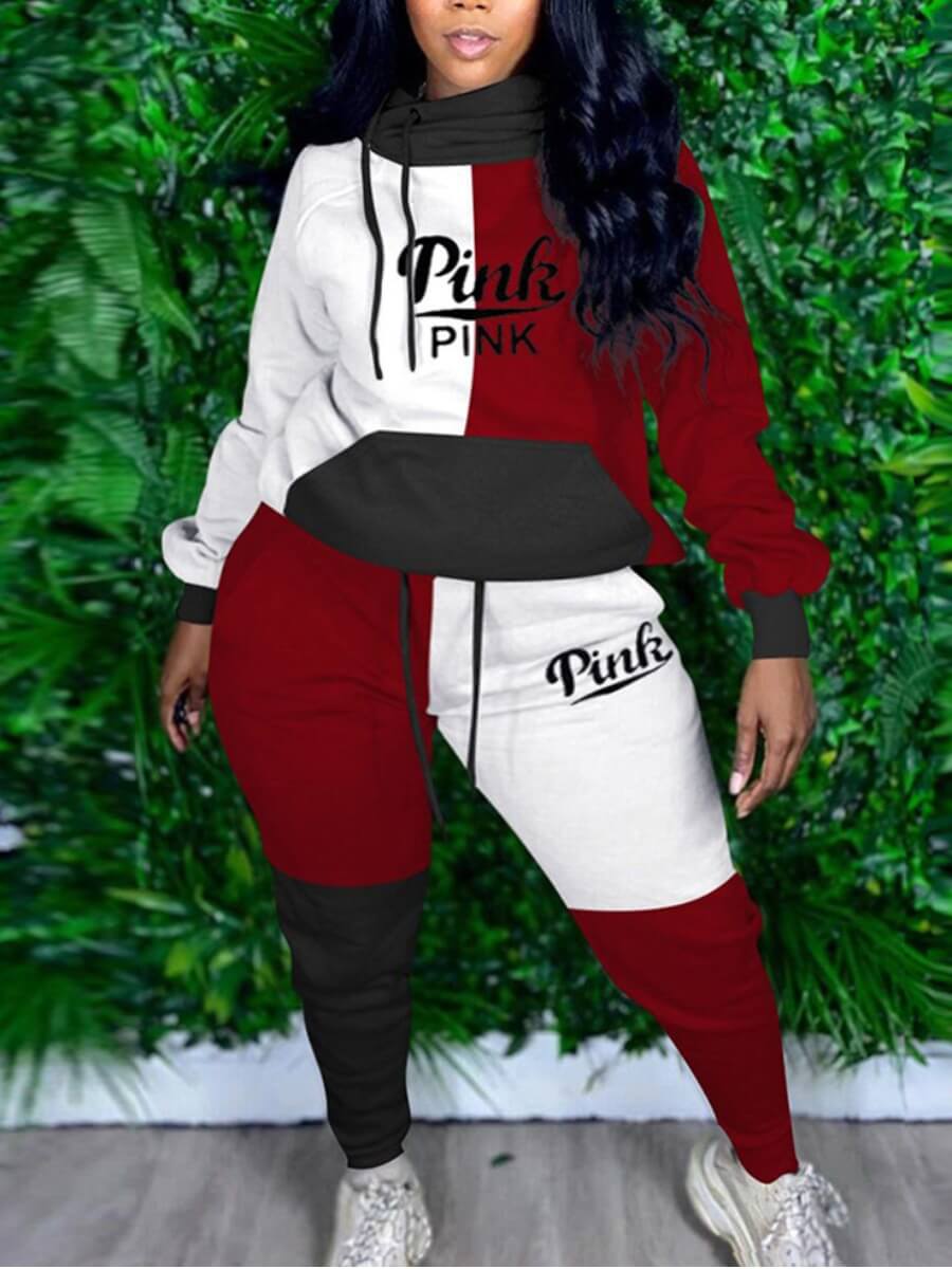 

Lovely Casual Letter Print Color-lump Patchwork Wine Red Plus Size Two-piece Pants Set