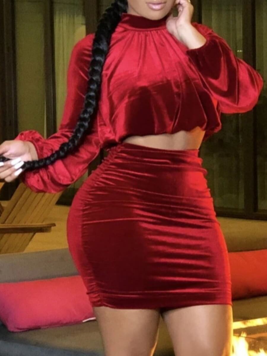 

Lovely Party Turtleneck Fold Design Red Two Piece Skirt Set