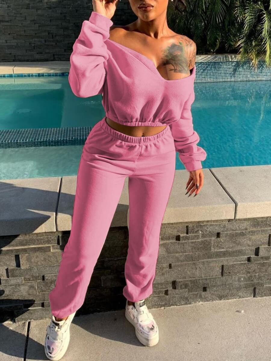 

Lovely Casual Dropped Shoulder Loose Pink Two Piece Pants Set