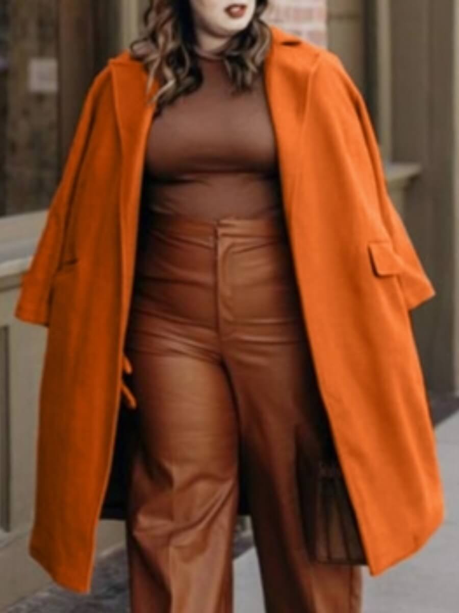 

Lovely Casual Turndown Collar Pocket Design Brown Plus Size Trench Coat