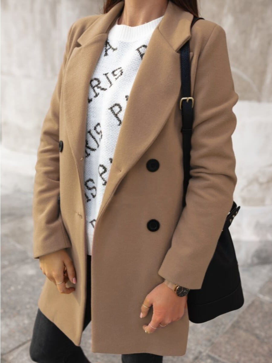

Lovely Casual Turndown Collar Button Design Khaki Woolen Coat