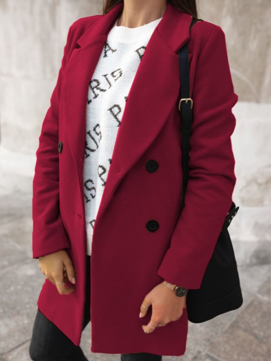 

Lovely Casual Turndown Collar Button Design Wine Red Woolen Coat
