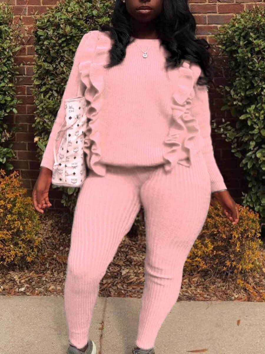

Lovely Sweet O Neck Flounce Design Pink Plus Size Two-piece Pants Set