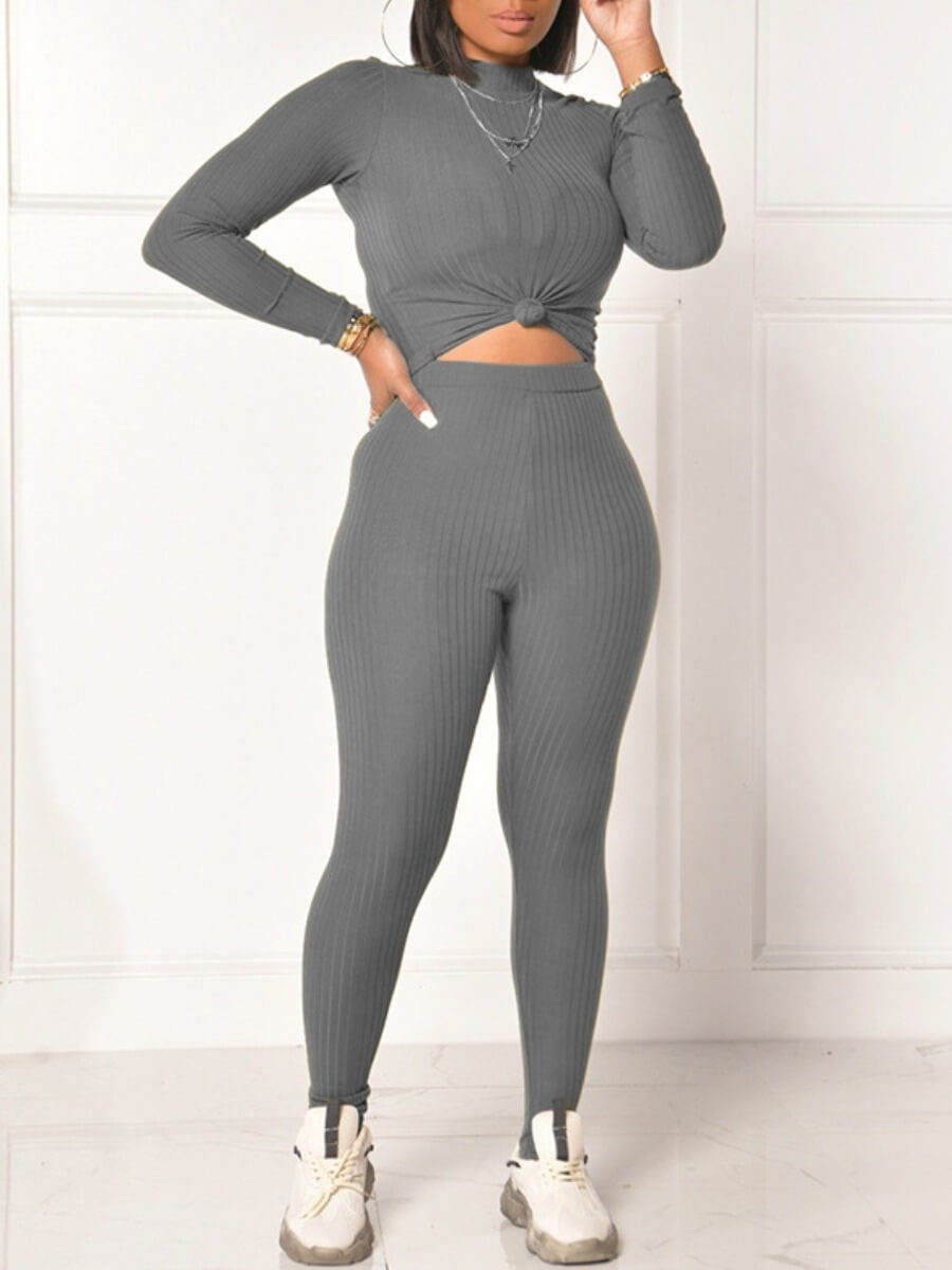 

Lovely Sportswear O Neck Basic Skinny Grey Two Piece Pants Set