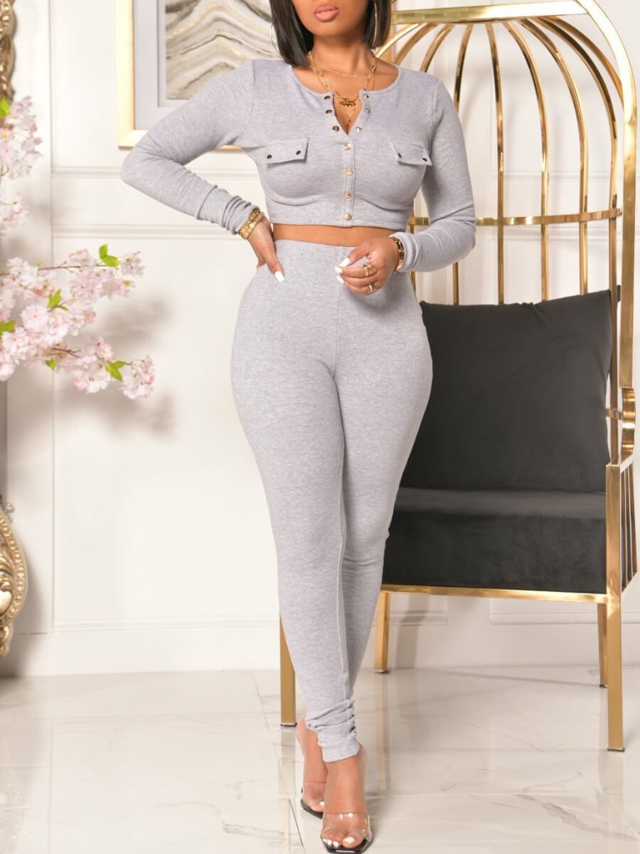 

Lovely Chic Button Design Crop Top Light Grey Two Piece Pants Set