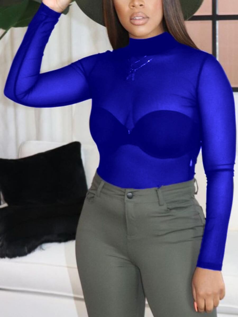 

Lovely Sexy Half A Turtleneck See-through Blue T-shirt