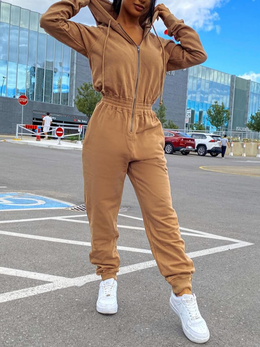

Lovely Casual Hooded Collar Zipper Design Brown One-piece Jumpsuit