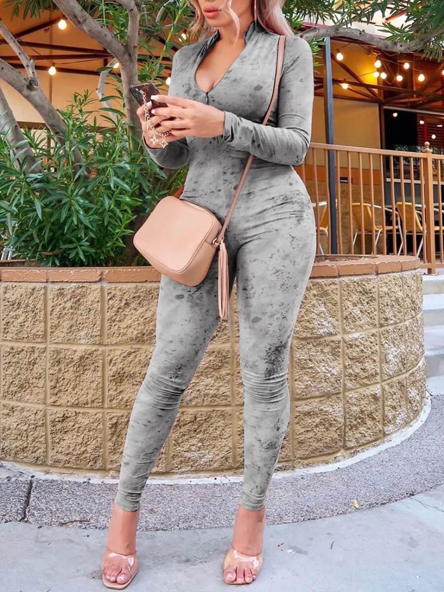 

Lovely Casual Mandarin Collar Print Patchwork Grey One-piece Jumpsuit