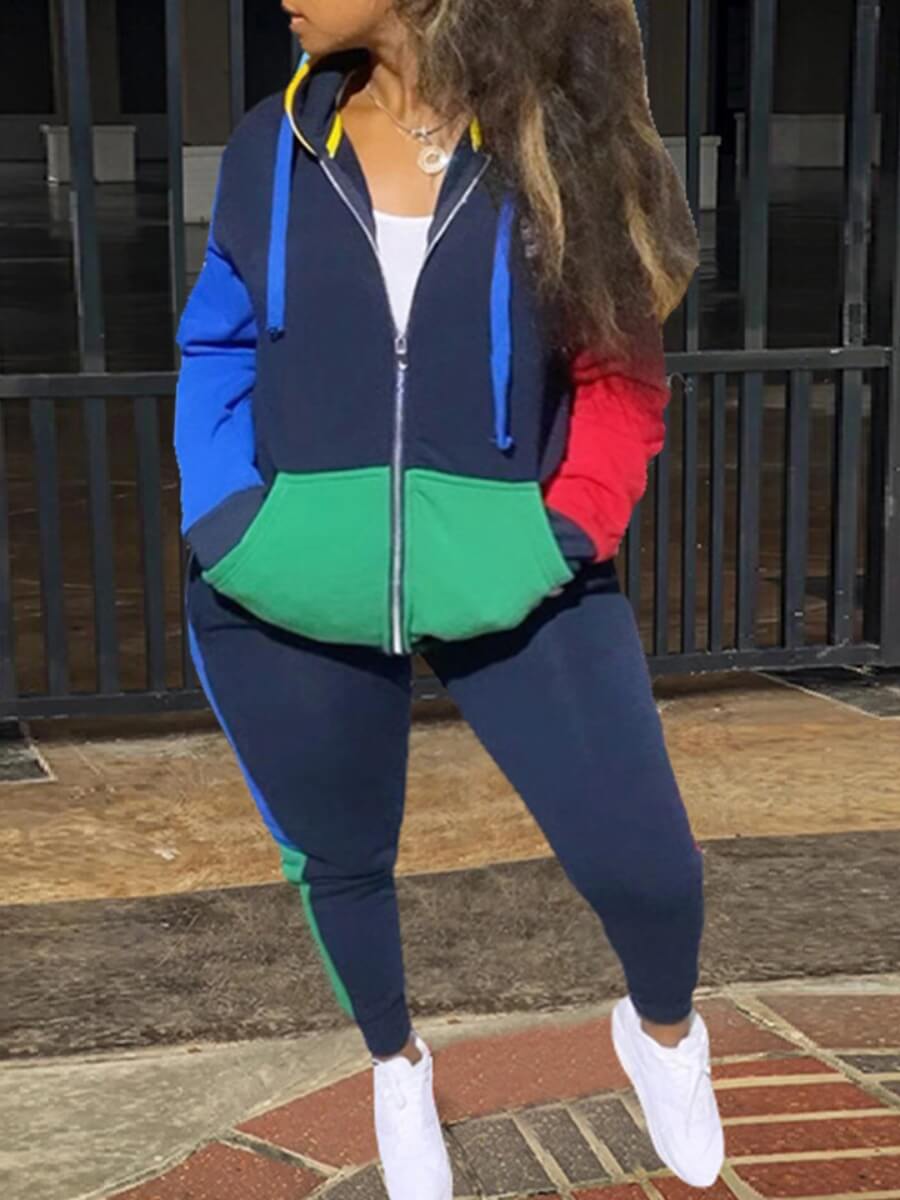 

Lovely Plus Size Sportswear Hooded Collar Color-lump Patchwork Royalblue Two-piece Pants Set