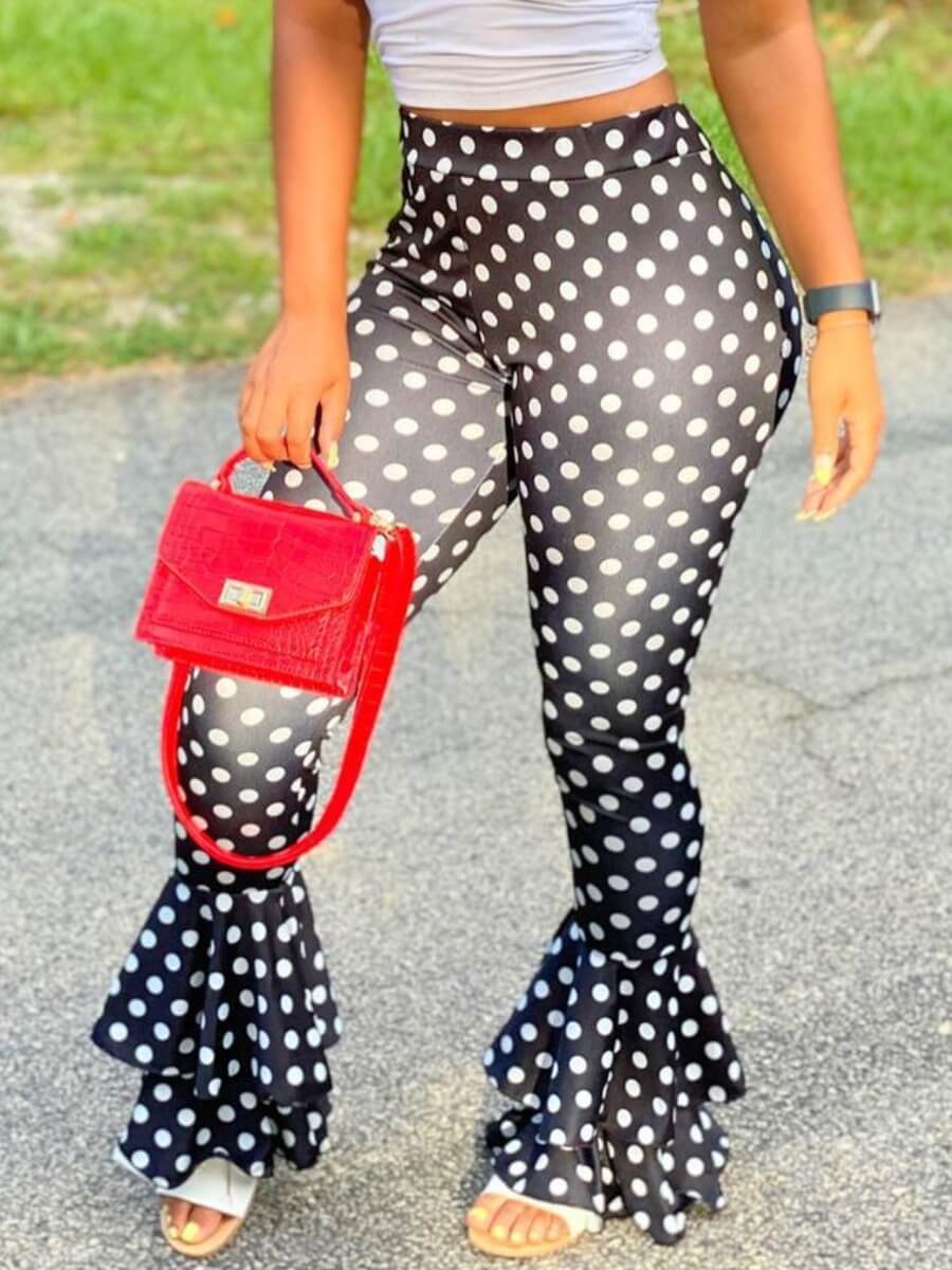 

Lovely Street Dot Print Layered Cascading Black Pants, Black dot
