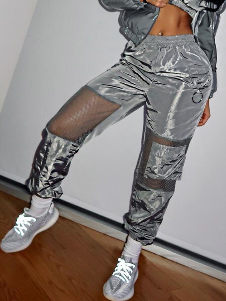 

Lovely Street Mesh Patchwork Pocket Design Grey Pants