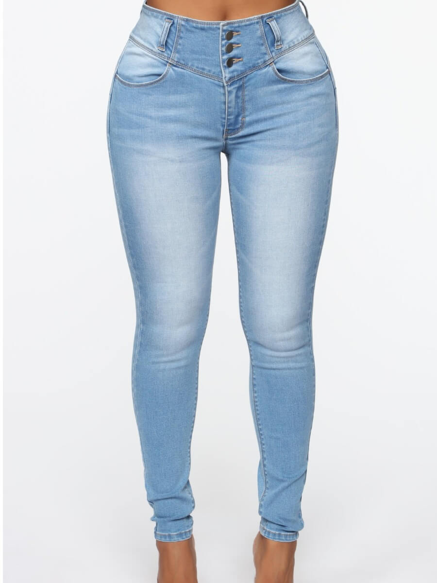 

Lovely Casual High-waisted Button Design Baby Blue Jeans
