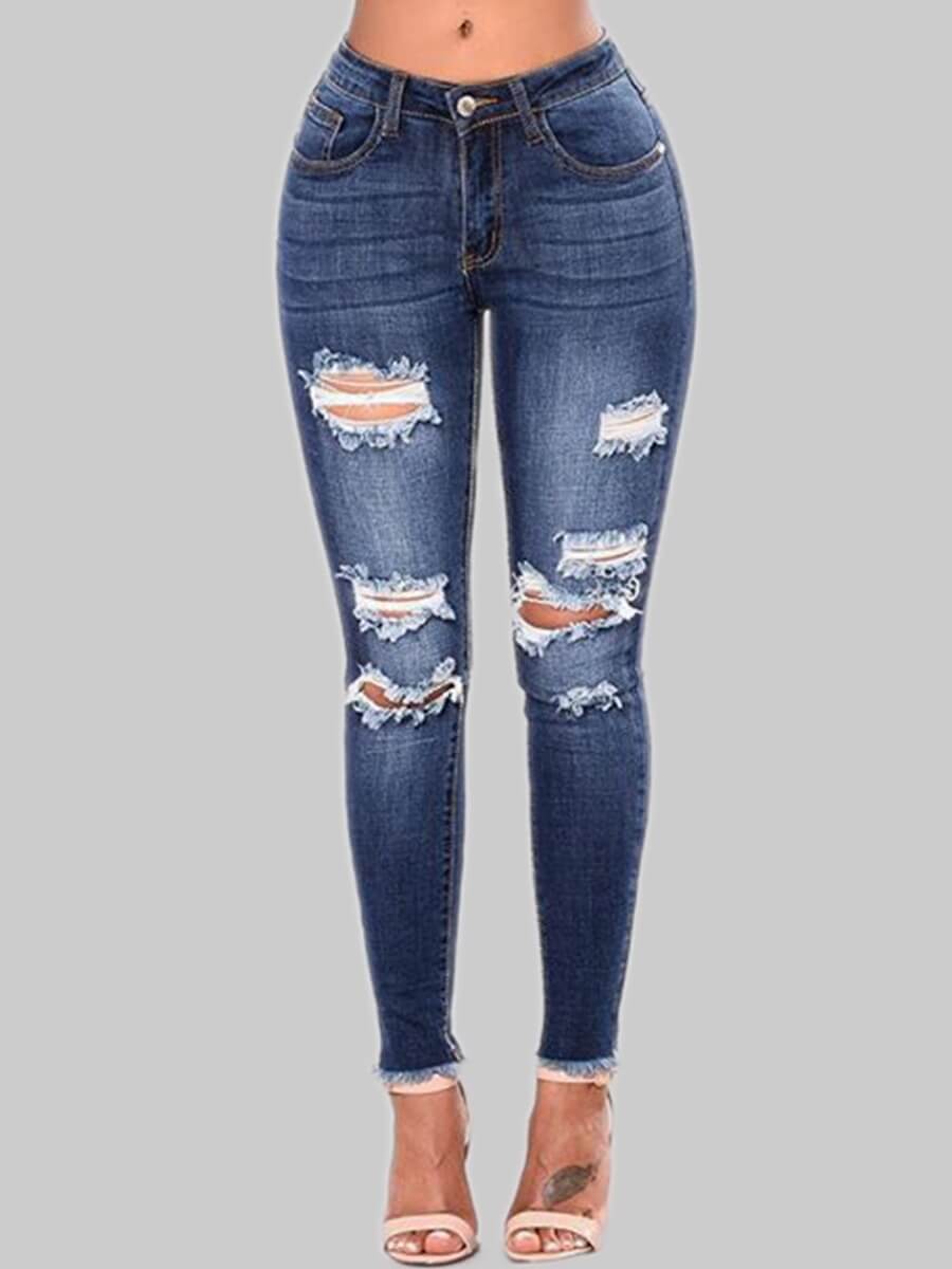 

Lovely Street Broken Holes Raw Edge Deep Blue Jeans