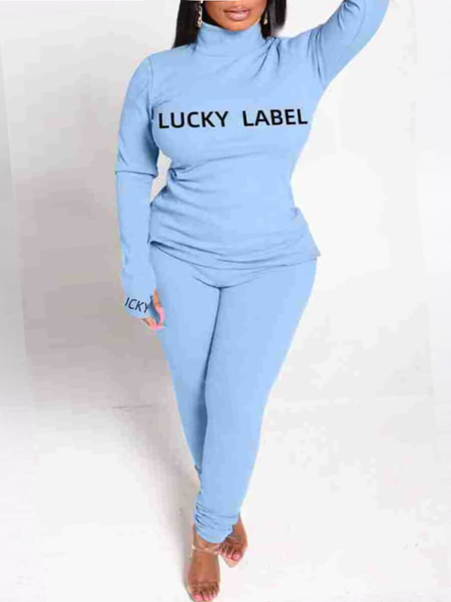 

Lovely Casual Turtleneck Letter Print Blue Plus Size Two-piece Pants Set