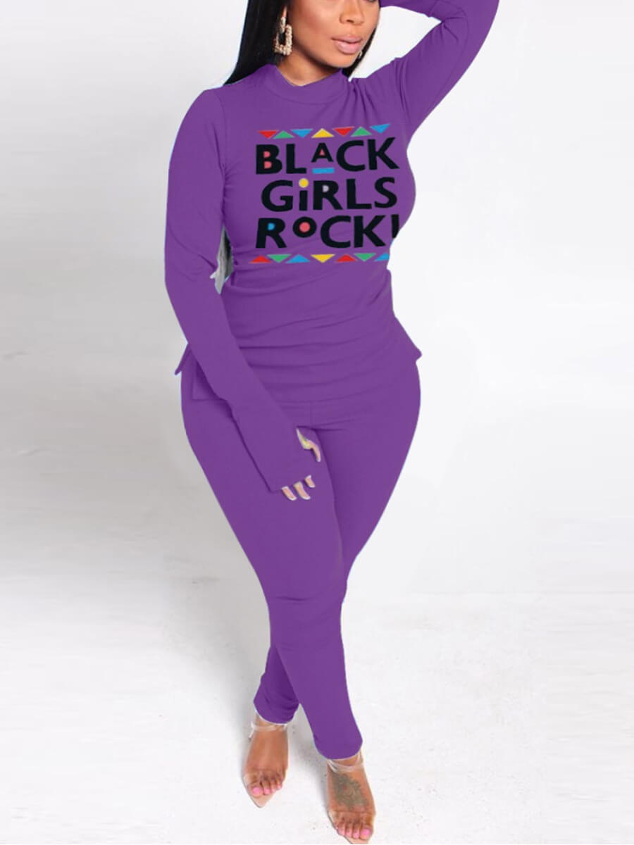 

Lovely Casual Turtleneck Letter Print Purple Plus Size Two-piece Pants Set