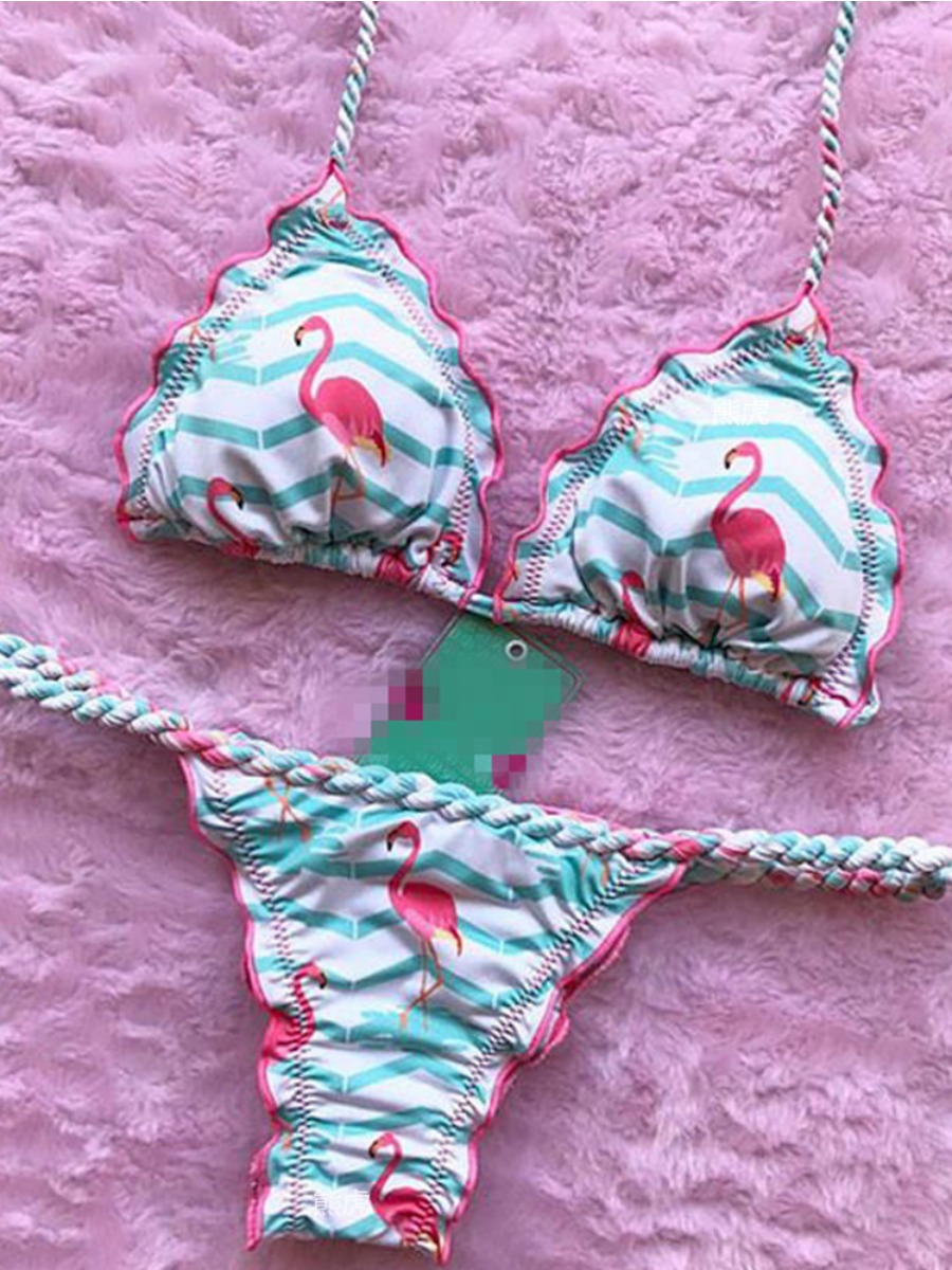 

Lovely Casual Flamingo Print Patchwork Pink Two-piece Swimsuit