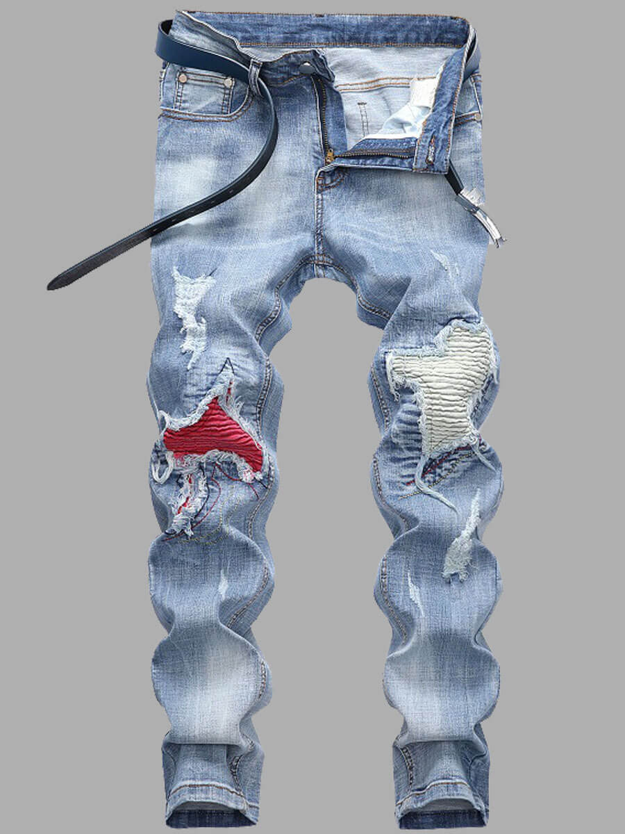 LovelyWholesale Men Street Color-lump Patchwork Baby Blue Jeans Spring|Fall Street Ripped Spring Summer 2024