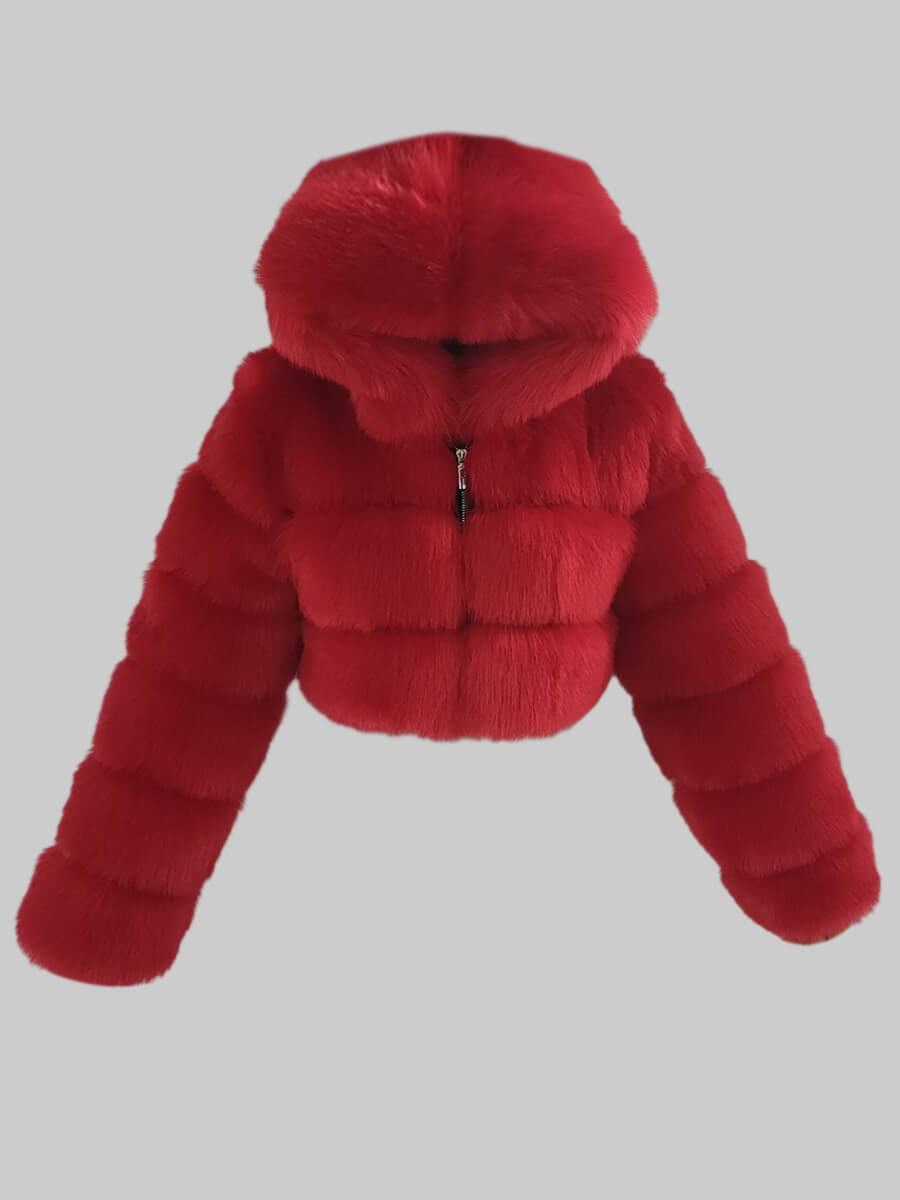 

Lovely Casual Hooded Collar Zipper Design Bright Red Faux Fur