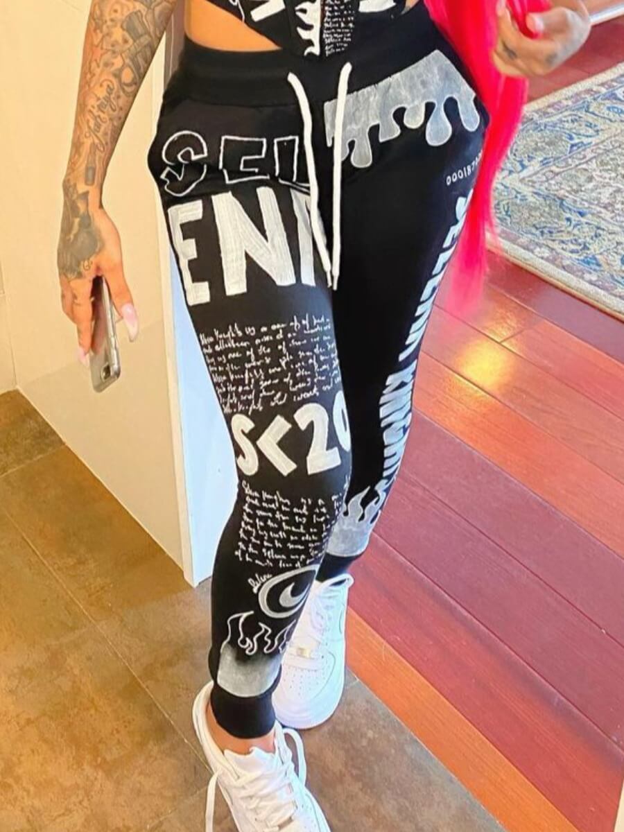 

Lovely Street Letter Print Drawstring Black Pants