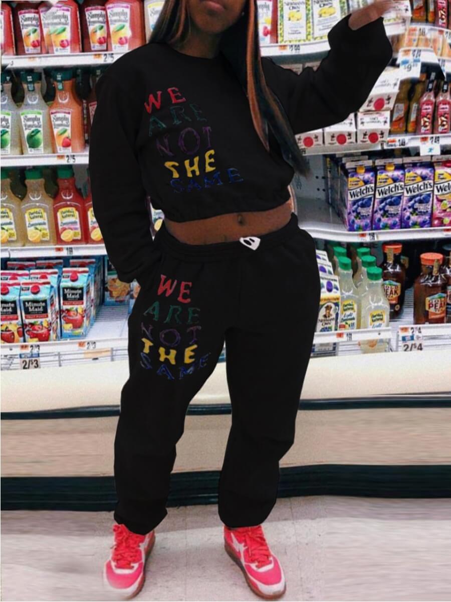 

Lovely Casual O Neck Letter Print Black Two Piece Pants Set