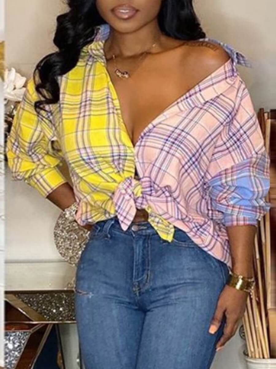 

Lovely Street Plaid Print Patchwork Multicolor Blouse, Multi
