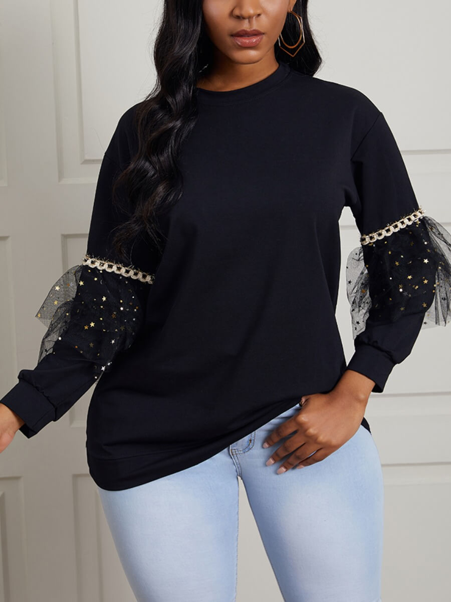 

Lovely Trendy Sequined Mesh Patchwork Dark Blue Sweater