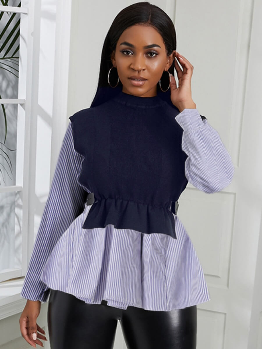 

Lovely Casual Patchwork Drawstring Blue Sweater