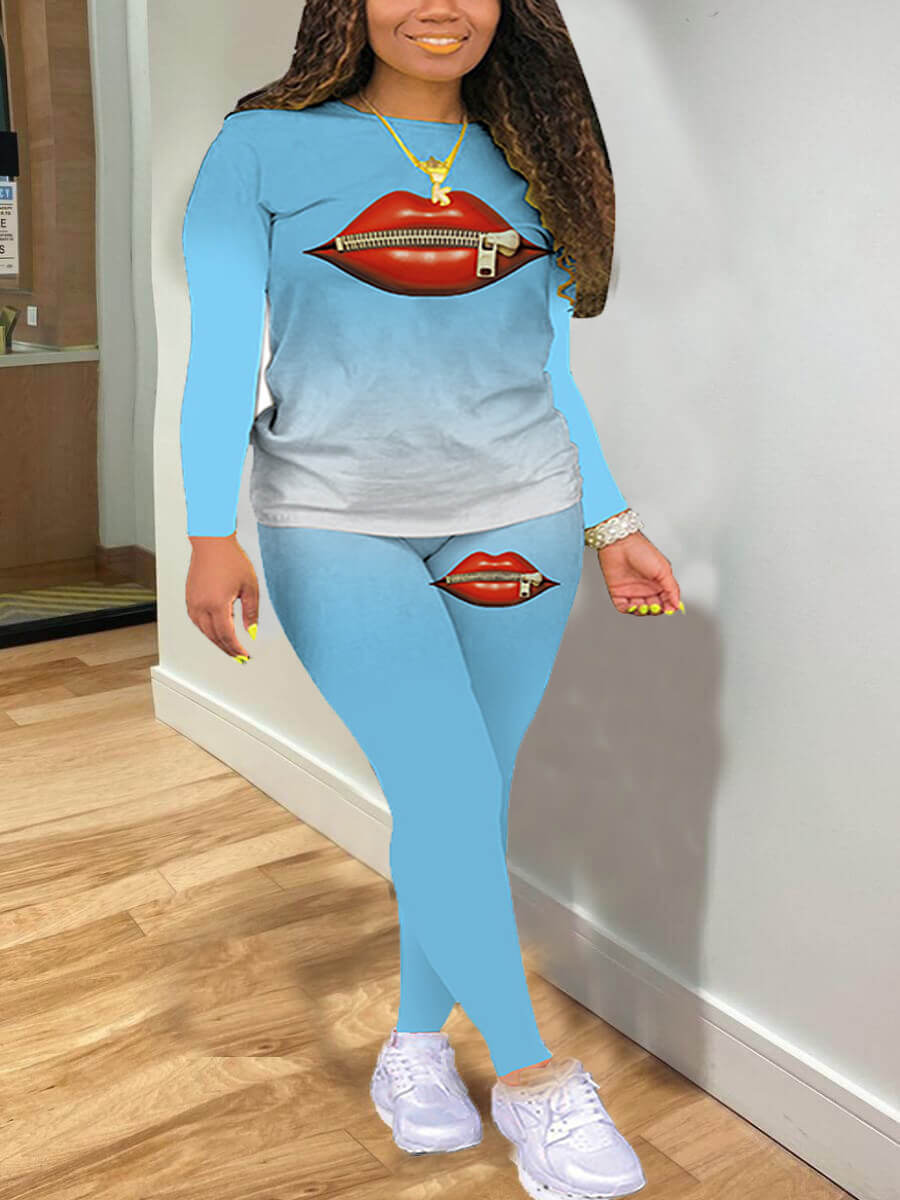 

Lovely Casual Gradient Lip Print Baby Blue Two Piece Pants Set