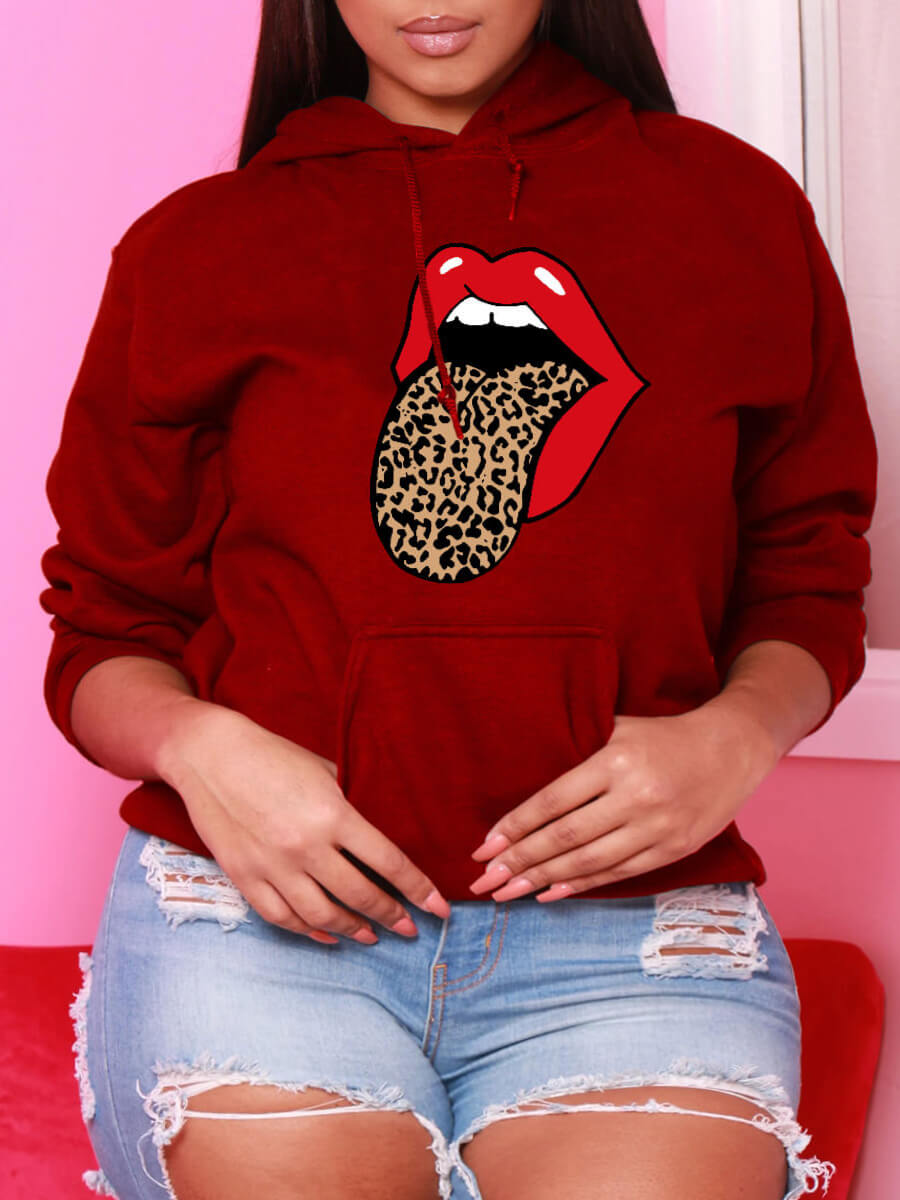 

Lovely Casual Lip Print Kangaroo Pocket Red Plus Size Hoodie