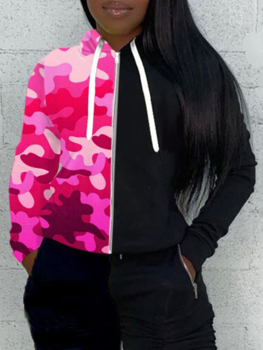 

Lovely Sportswear Camo Print Patchwork Rose Red Hoodie