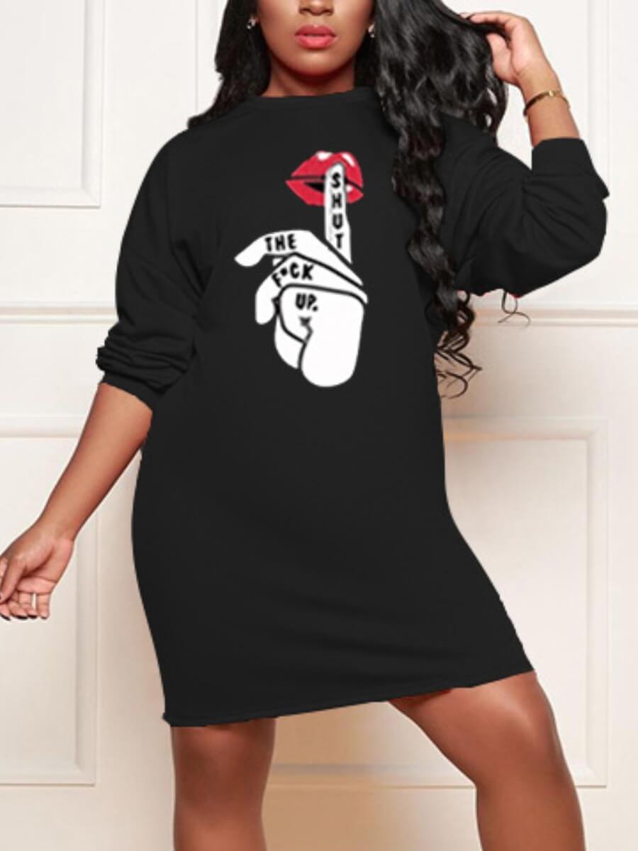 

Lovely Street Lip Print Patchwork Asymmetrical Black Knee Length Dress