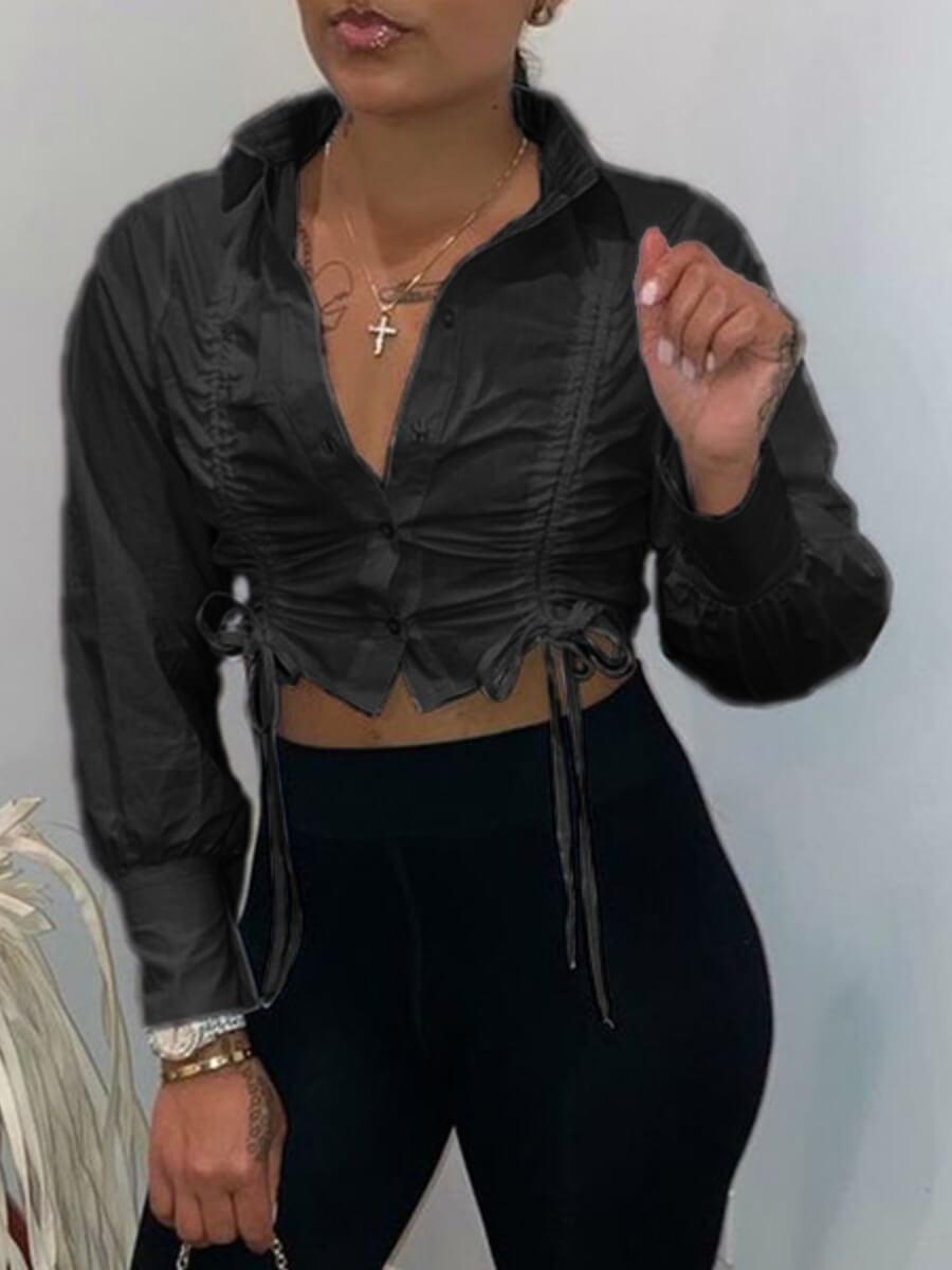 

Lovely Chic Drawstring Fold Design Black Blouse