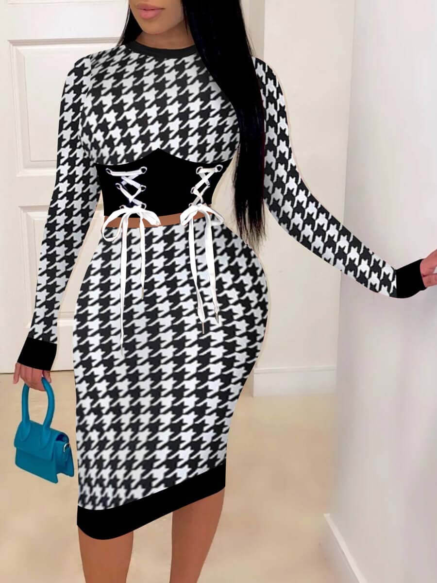 

Lovely Chic Geometric Print Bandage Design Black Two Piece Skirt Set