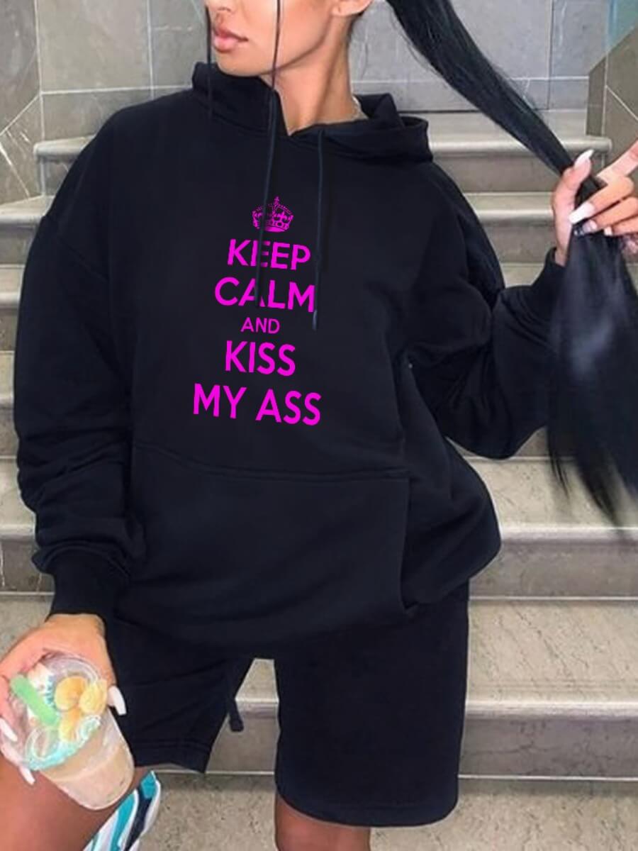 

Lovely Trendy Letter Print Kangaroo Pocket Black Hoodie