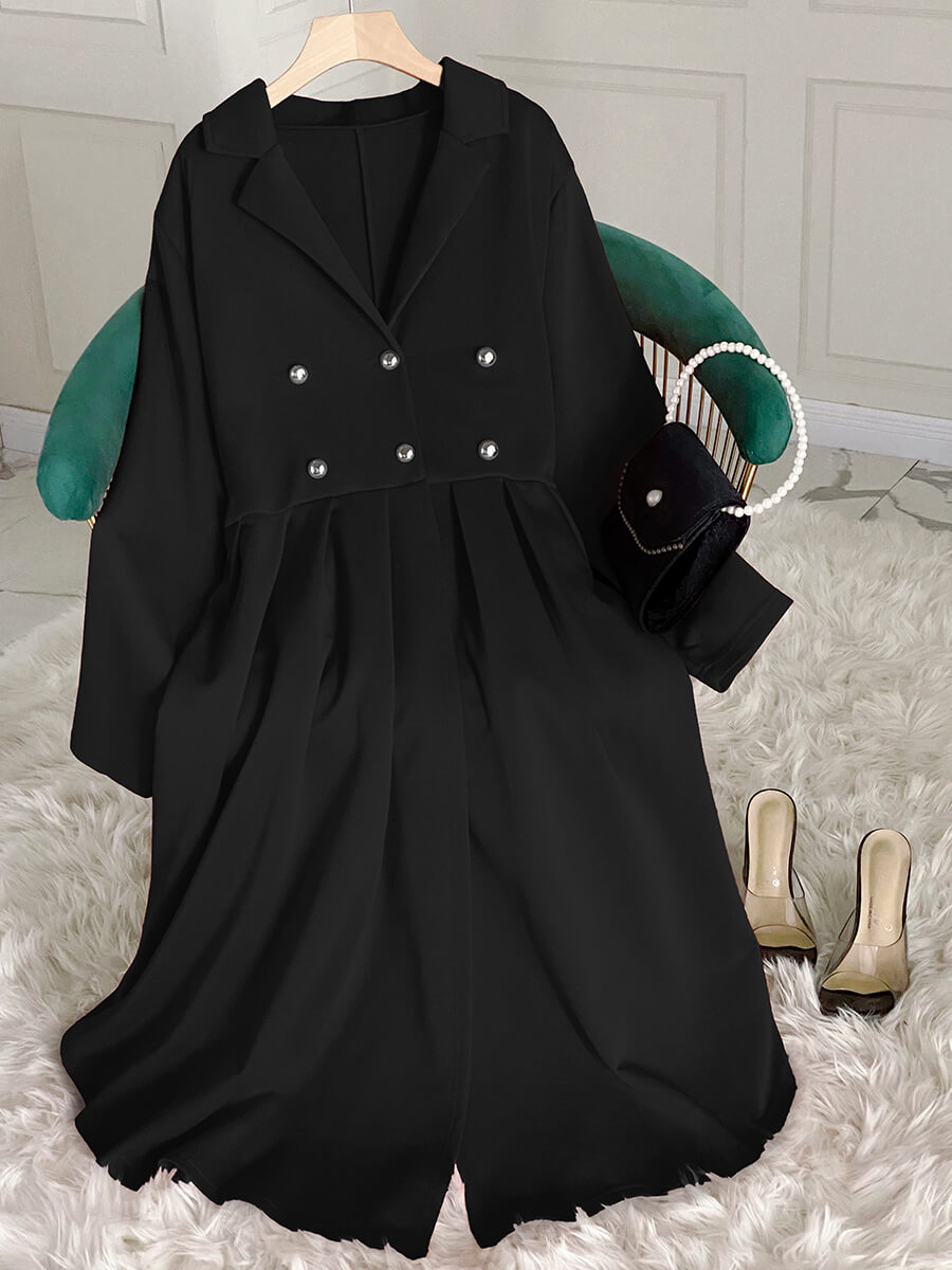 

LW BASICS Stylish Turndown Collar Ruffle Design Black Trench Coat