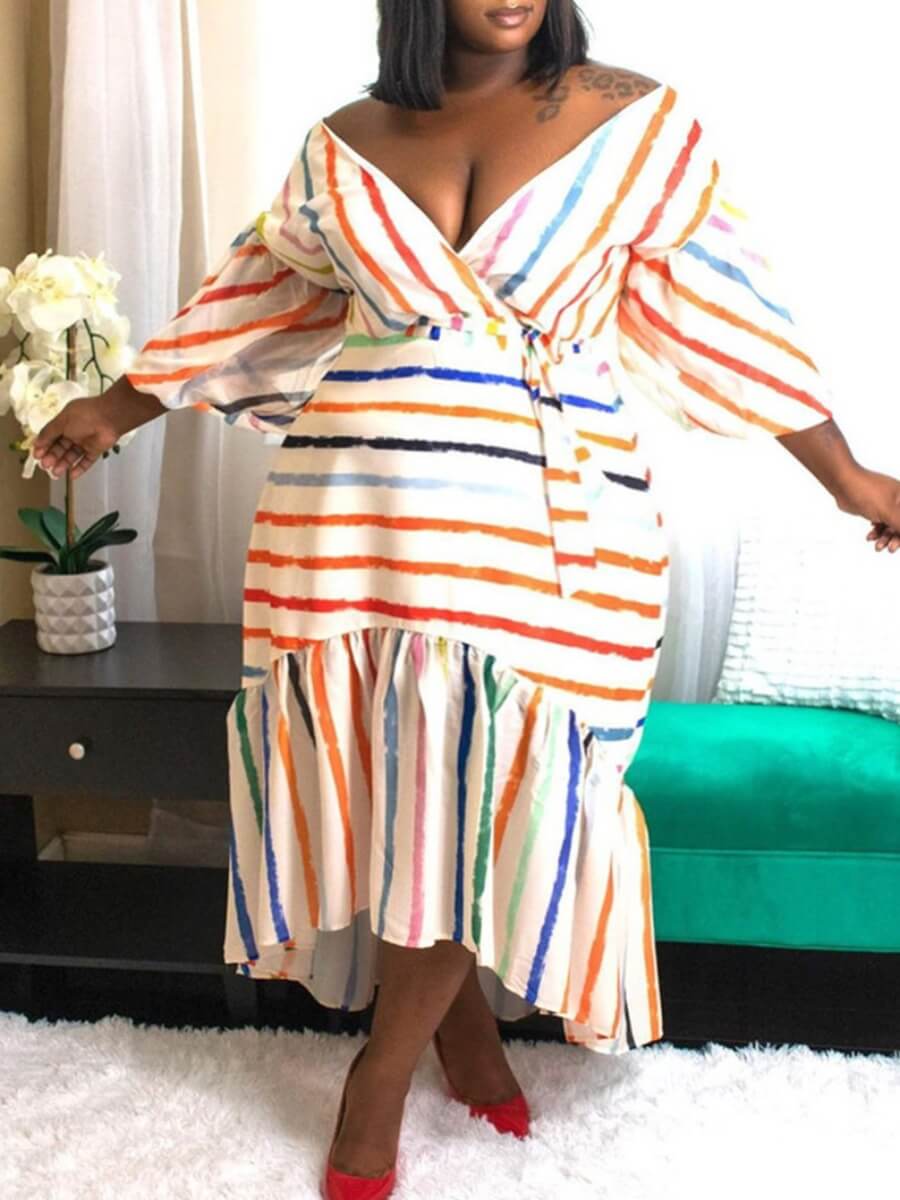 

Lovely Sweet Print Fold Design Asymmetrical Multicolor Ankle Length Plus Size Dress, Multi