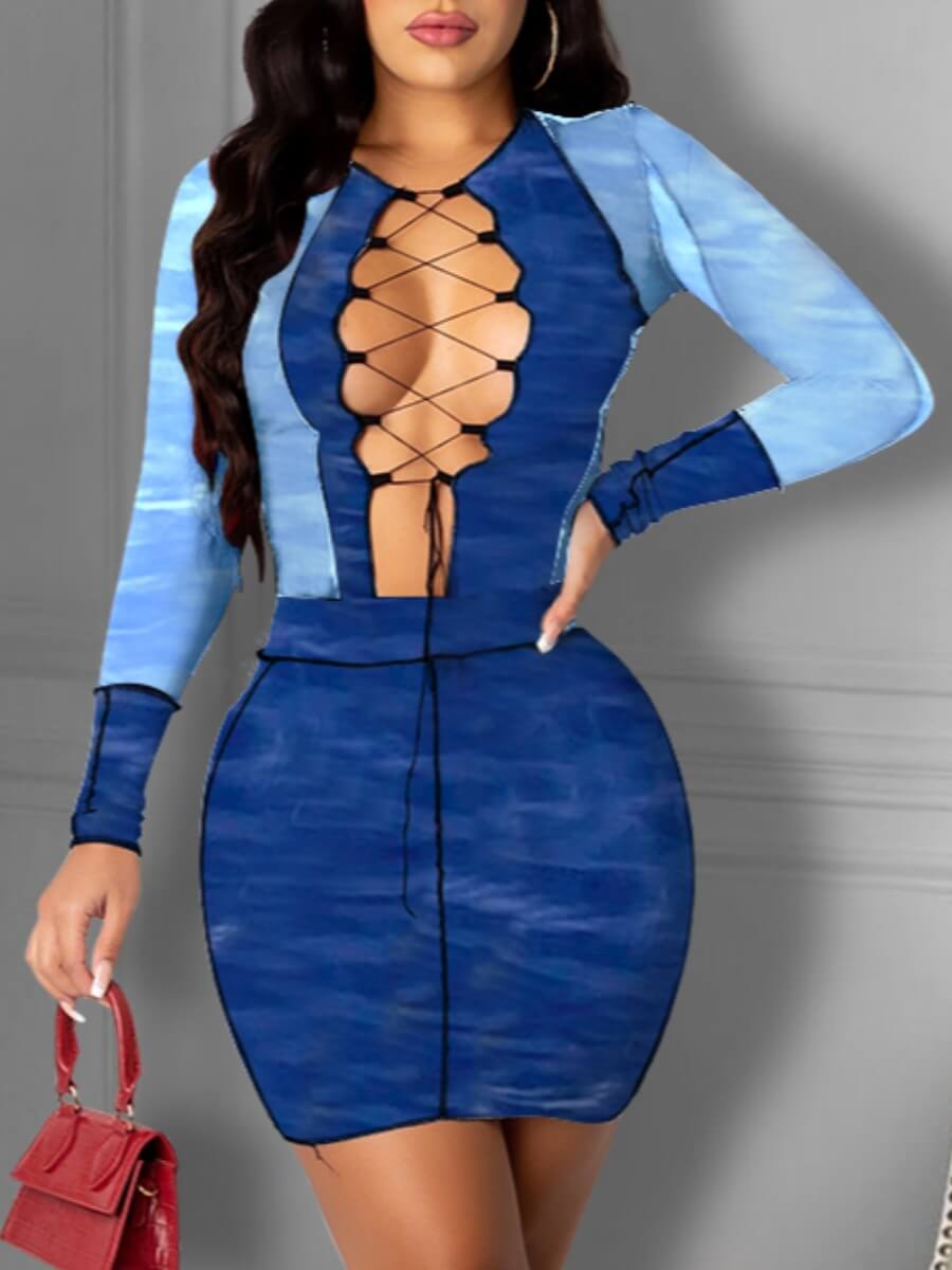 

Lovely Sexy Bandage Hollow-out Design Patchwork Blue Mini Dress