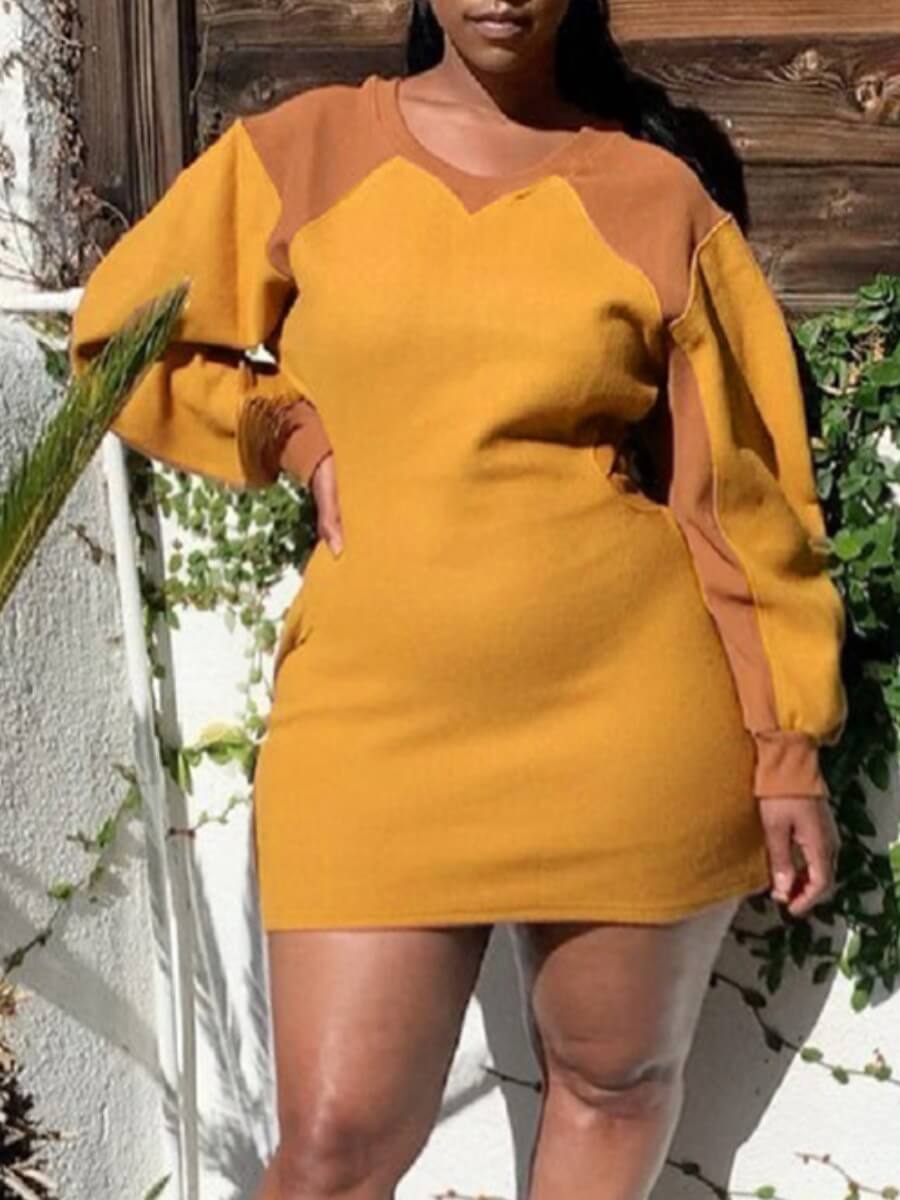 

Lovely Casual O Neck Patchwork Yellow Mini Plus Size Dress