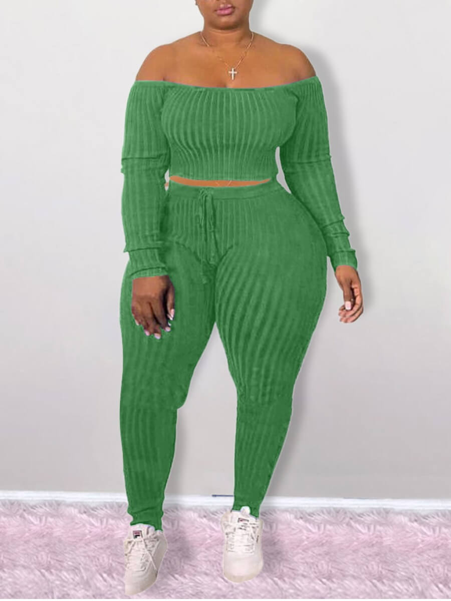 

Lovely Casual Dew Shoulder Skinny Green Plus Size Two-piece Pants Set
