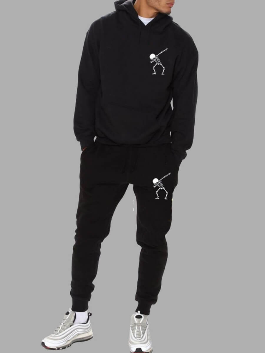 

Lovely Casual Cartoon Print Kangaroo Pocket Black Two Piece Pants Set