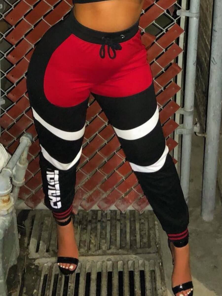 

Lovely Leisure Letter Print Color-lump Patchwork Black Pants
