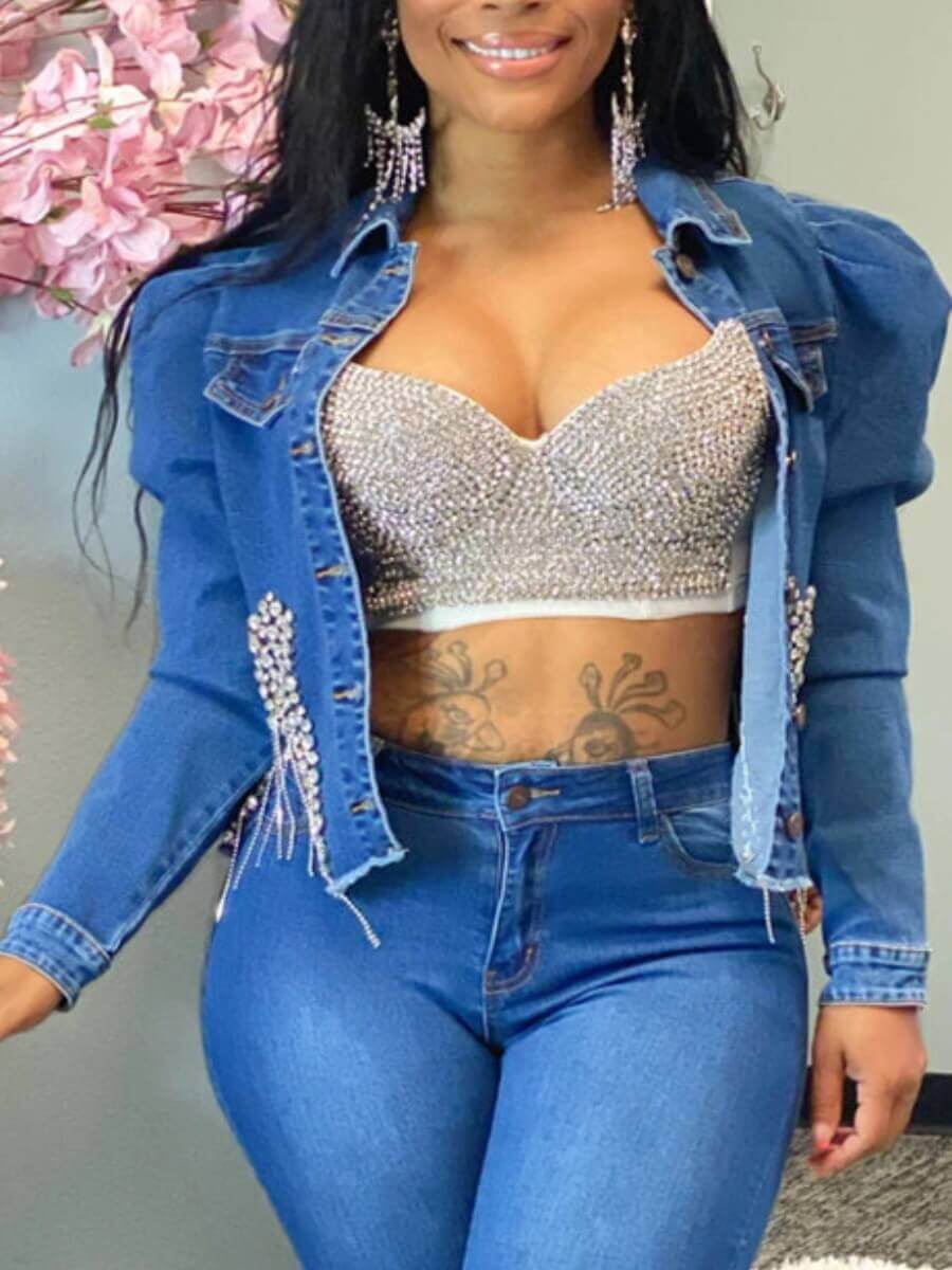 

Lovely Casual Turndown Collar Fold Tassel Design Blue Denim Coat