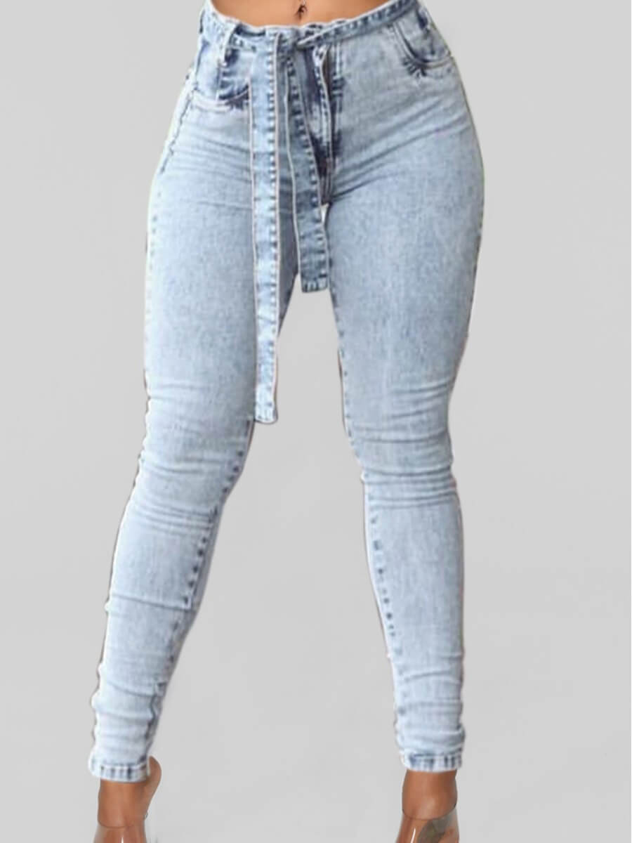 

Lovely Casual Lace-up Tie-dye Baby Blue Jeans