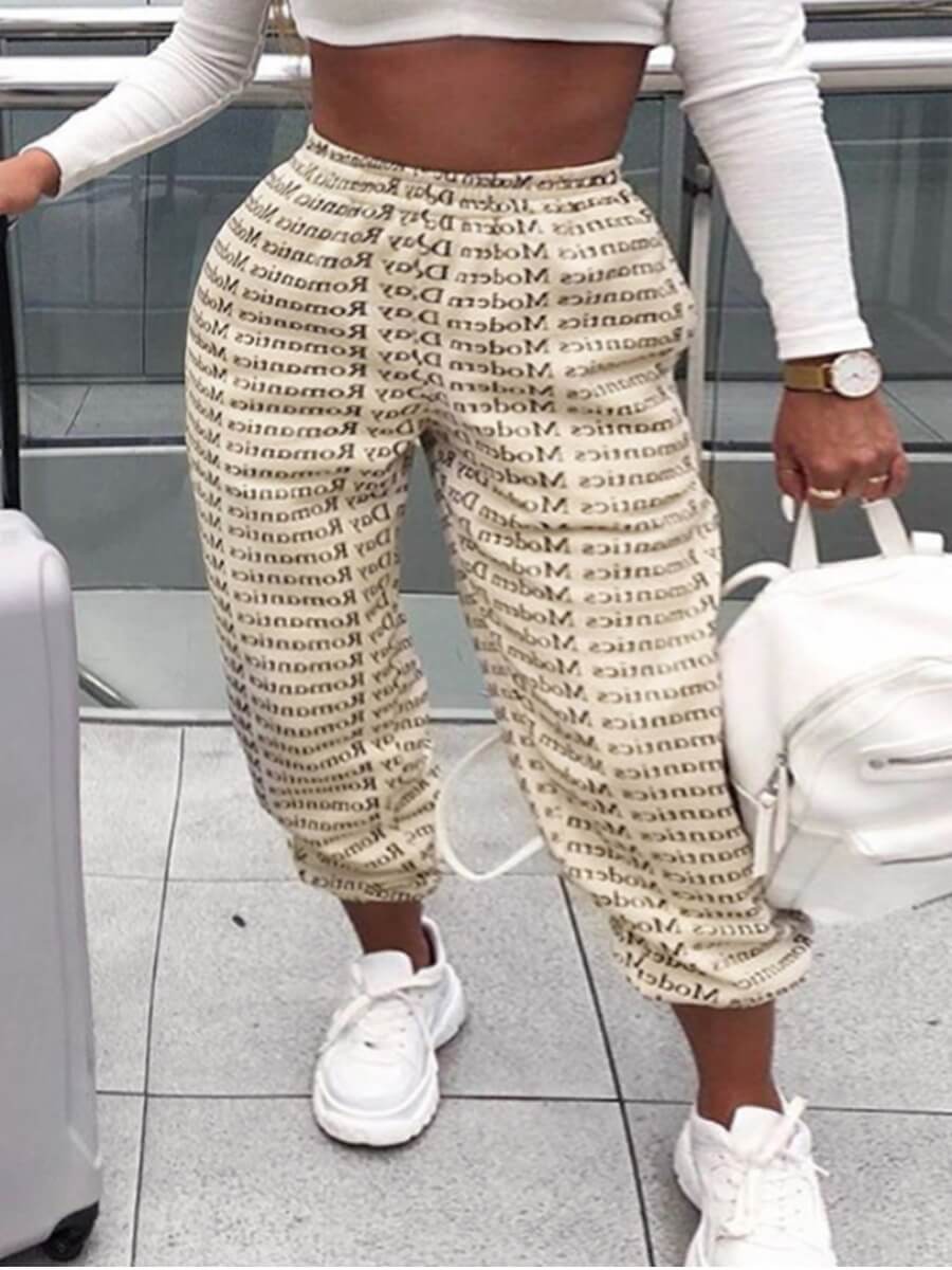 

Lovely Casual Letter Print Loose Beige Plus Size Pants