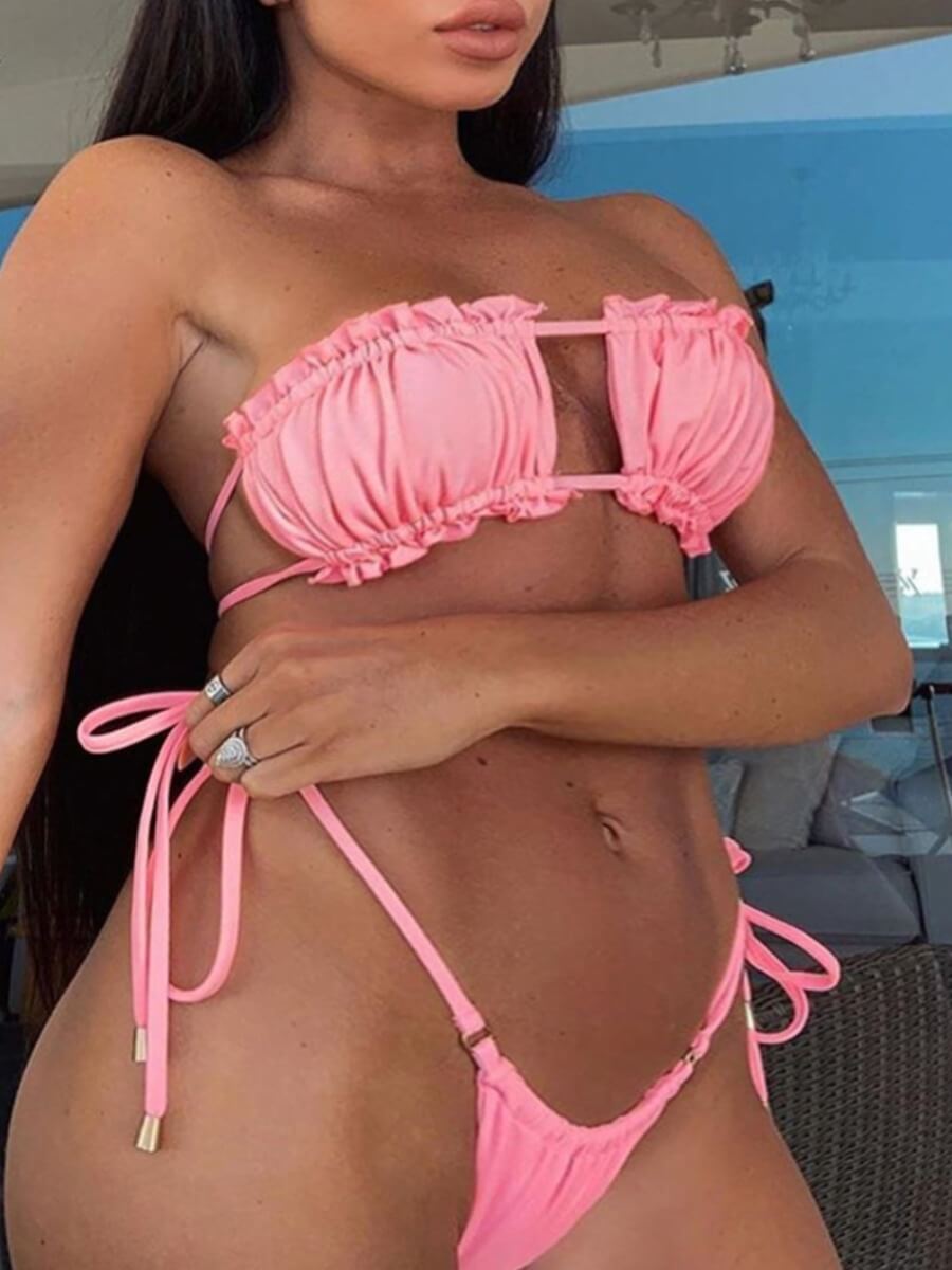 

Lovely Sweet Lace-up Ruffle Design Pink Two-piece Swimsuit