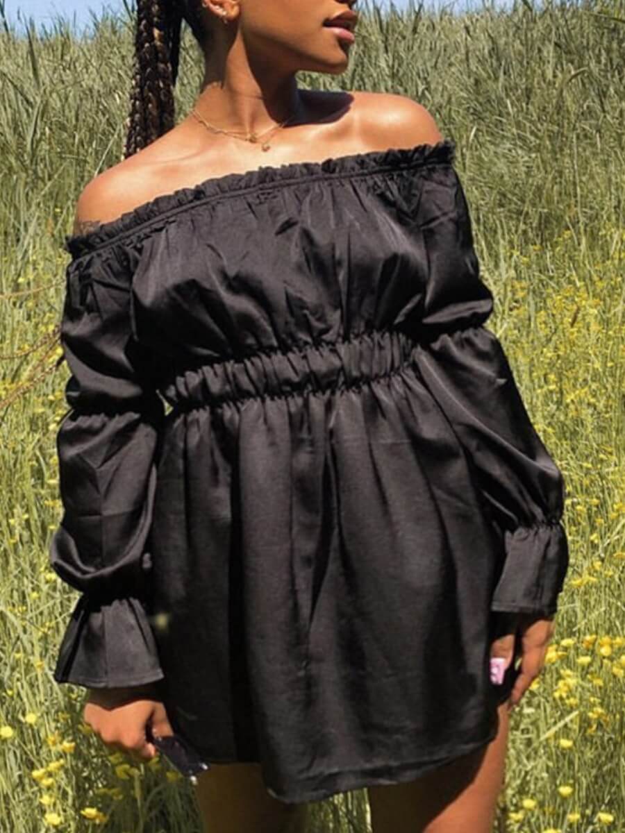 

Lovely Casual Off The Shoulder Fold Design Black Mini Plus Size Dress