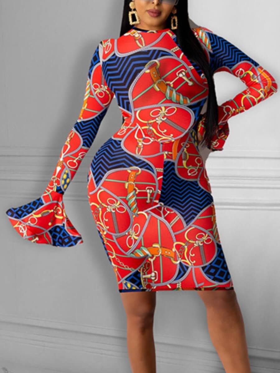 

Lovely Sweet Flared Print Patchwork Red Knee Length Dress